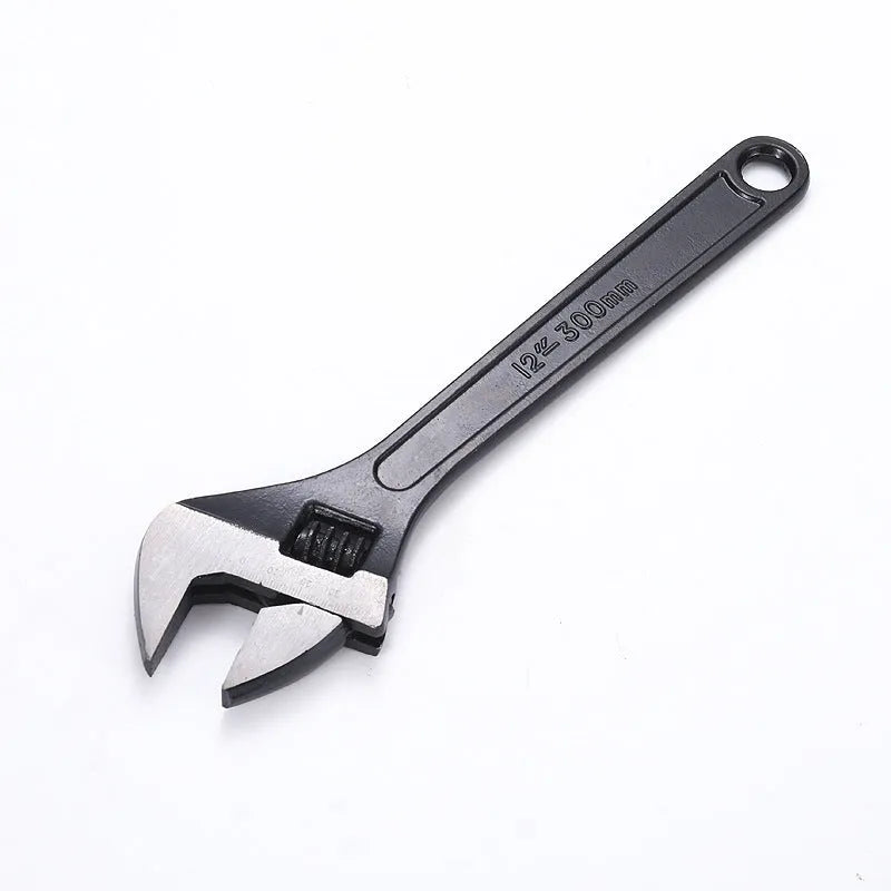 Stainless steel adjustable wrench with blackened finish showing adjustable jaw mechanism