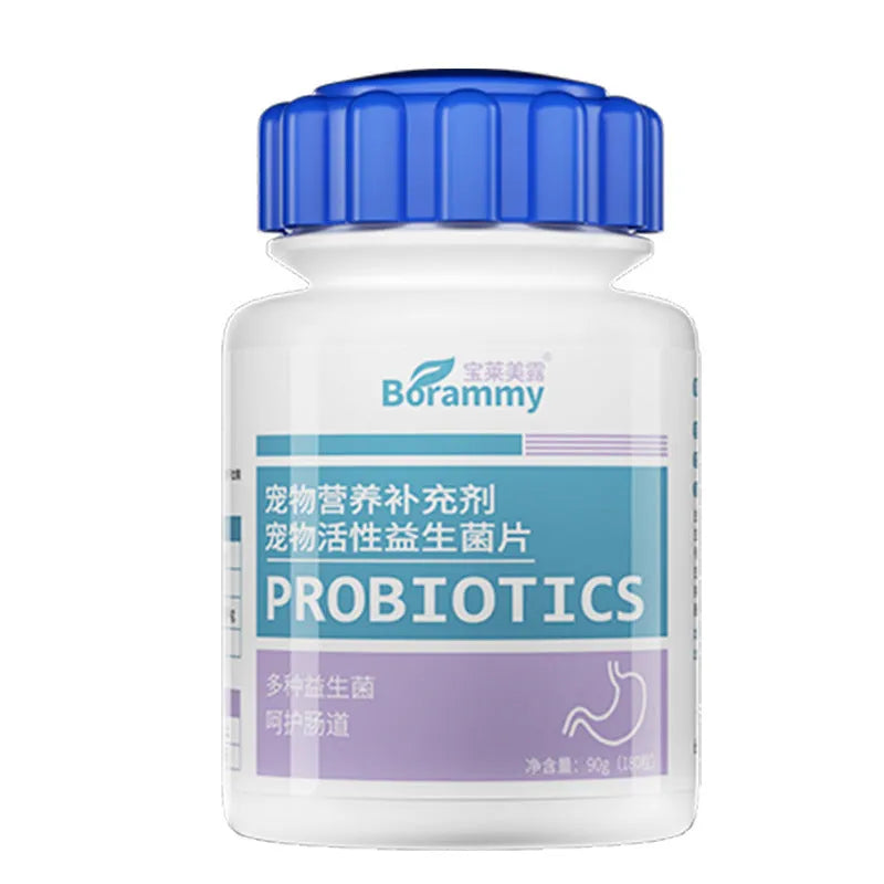 Bottle of 180 pet probiotic tablets for dog and cat digestive health support