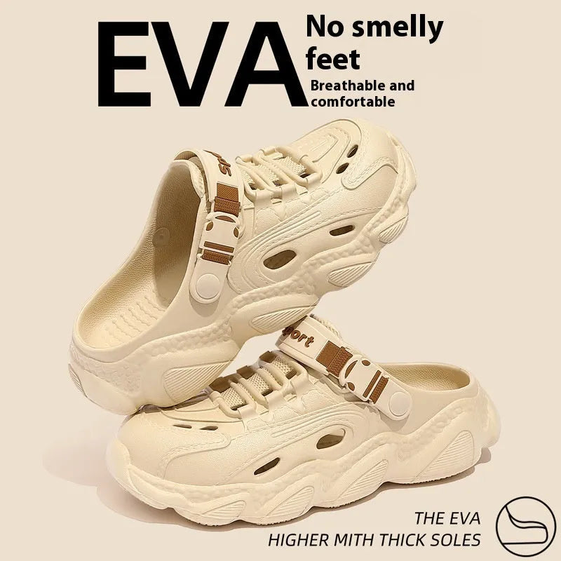 Men's khaki outdoor slippers showing hollow out breathable design on a solid background.