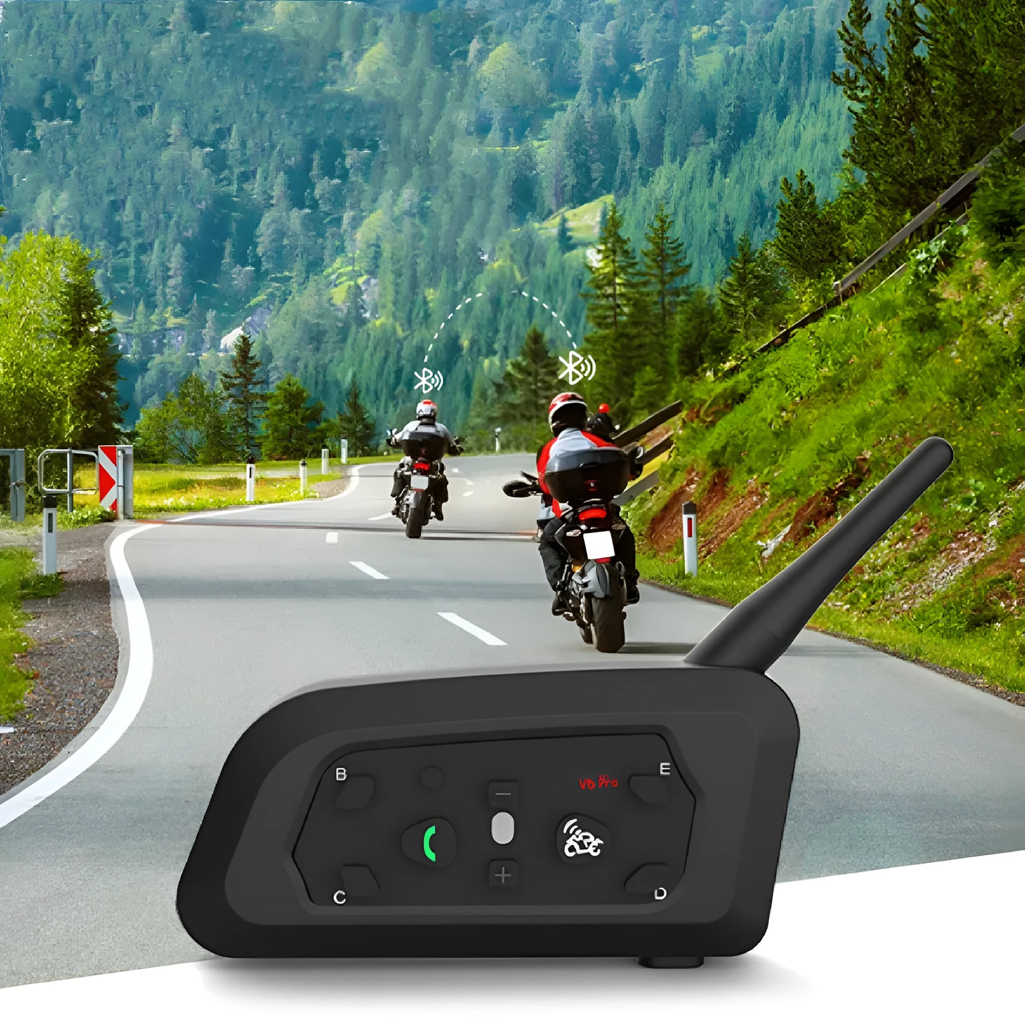 V6 Pro motorcycle helmet Bluetooth intercom unit with mounting clip and headset, shown with its 800m range and compact dimensions.