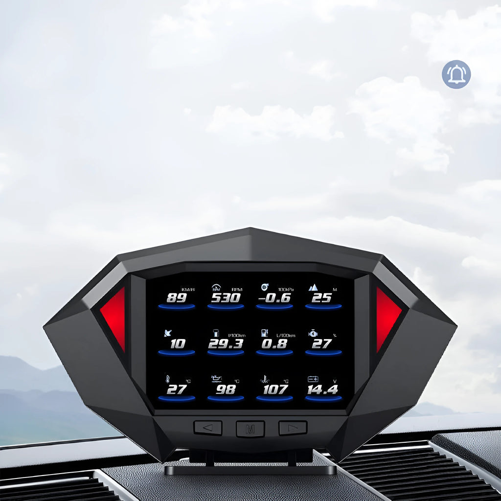 P1 black vehicle head-up display HUD unit with LCD screen and OBD cable.