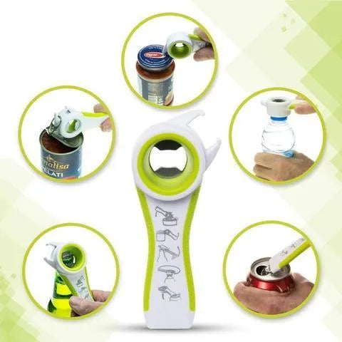 5 in 1 stainless steel can opener and bottle opener, 14.5 cm, with PP handle in black, green, purple, or white