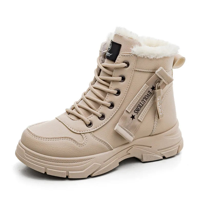 Women's plus size tall snow boot in black with front laces and a mid heel.