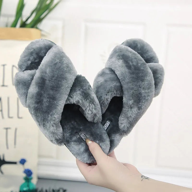 Cross open-toe fur slippers showing open-toe design and patterned non-slip sole