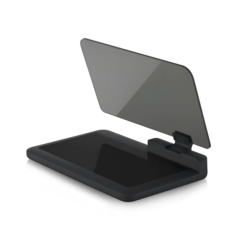 Gray car smartphone navigation holder with organic glass projection panel on instrument panel