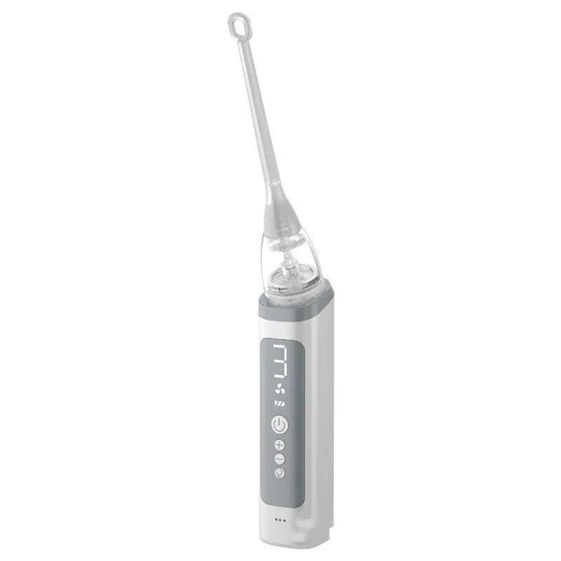 Milky white manual tonsil stone extractor oral cleaning tool set on a white background