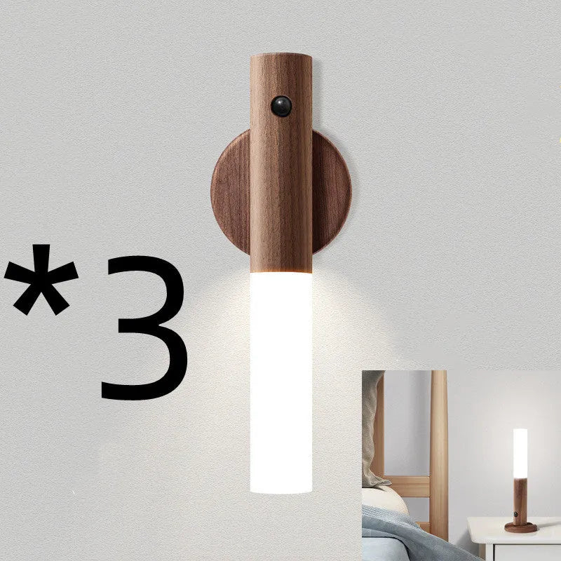 Compact smart sensor LED desk lamp with solid wood base and organic glass panel in coffee colour.