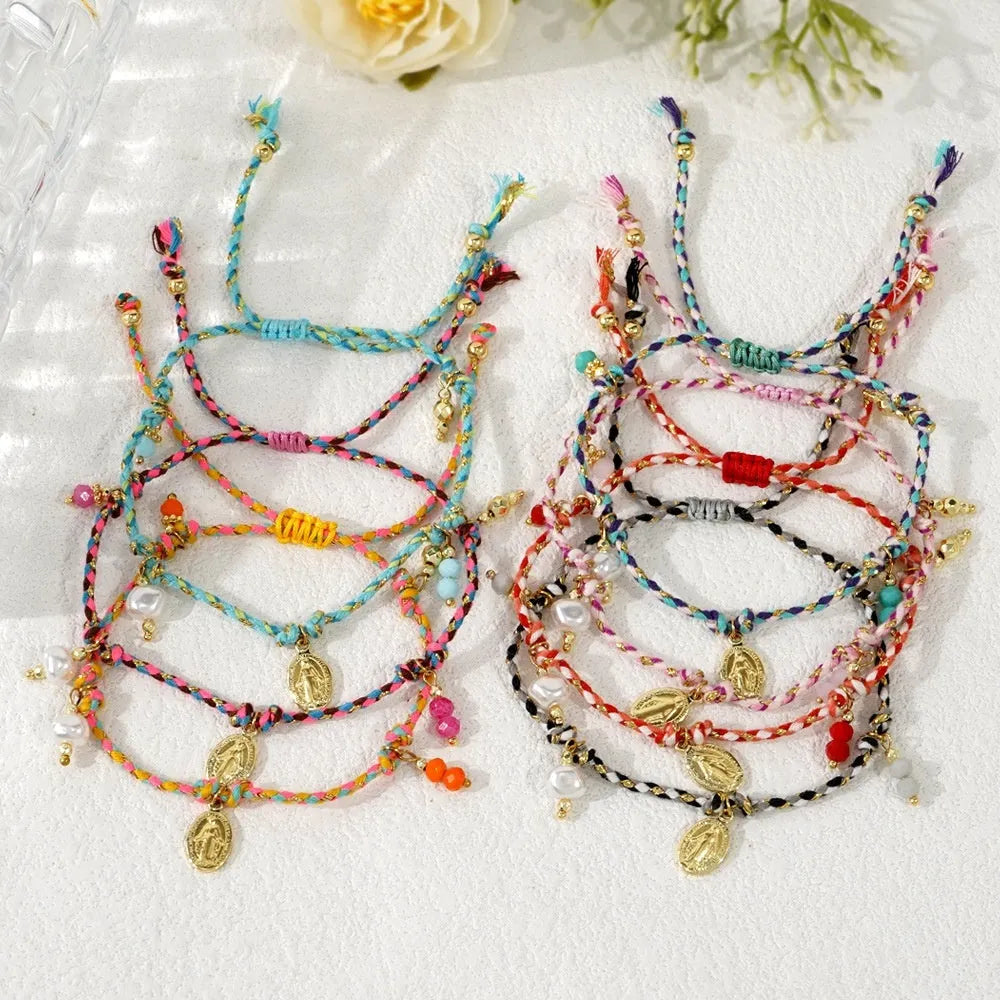 Women's colourful woven bracelet with braided rope material and adjustable carrying strap design in ethnic style