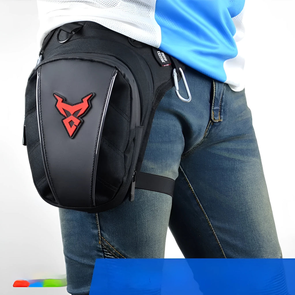 Motorcycle leg bag in 1200D Oxford cloth shown with adjustable straps for crossbody, waist, or shoulder wear.