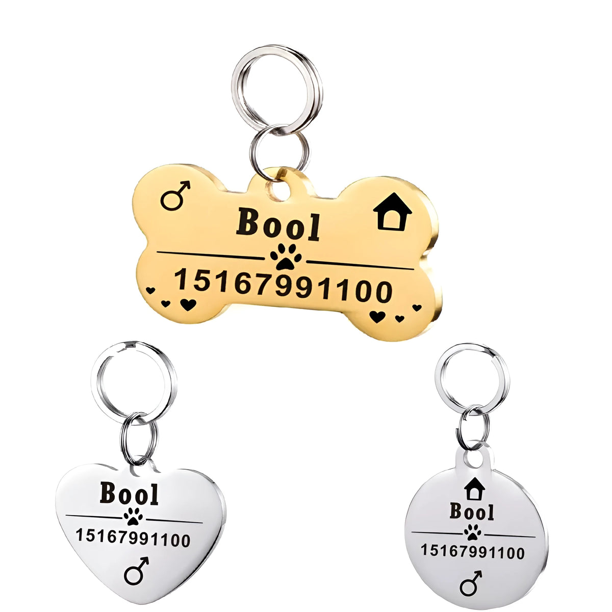 Stainless steel pet ID tag with natural zircon chain in black, blue, gold, or silver, styles A to J