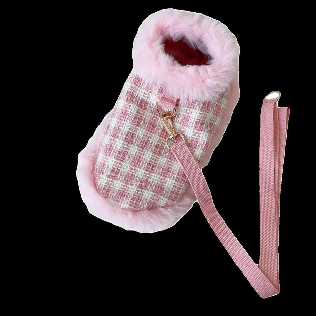 Pink polyester cat costume set with cape, beret, and hand-holding rope leash on feline model