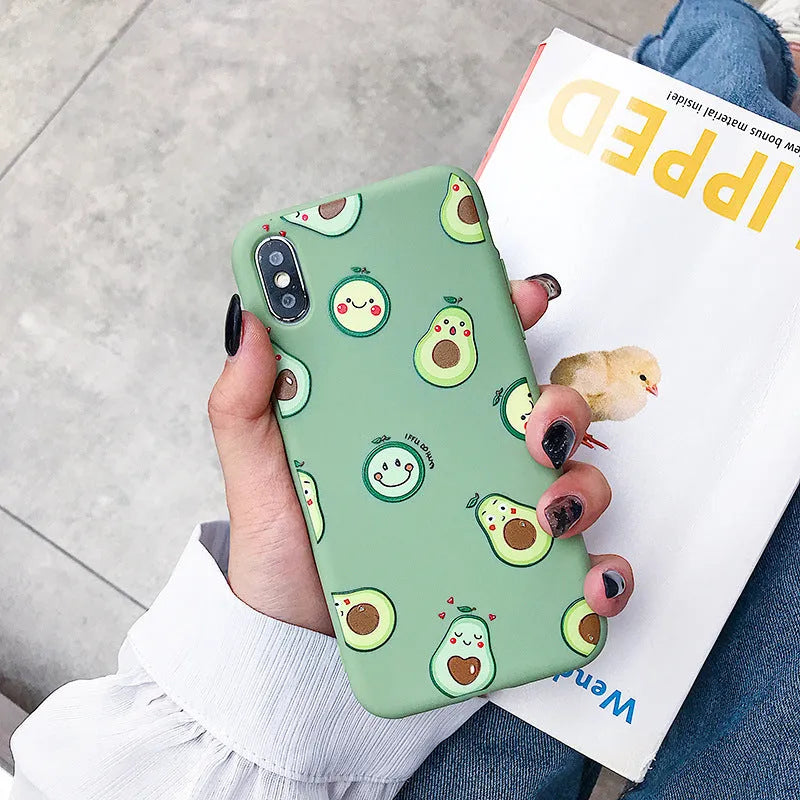 Cartoon avocado design printed on a green TPU phone back cover for Apple iPhone.