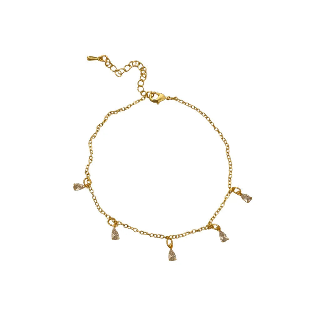 Zircon jewellery set with geometric pendant necklace, matching earrings, and anklet in silver-tone chain