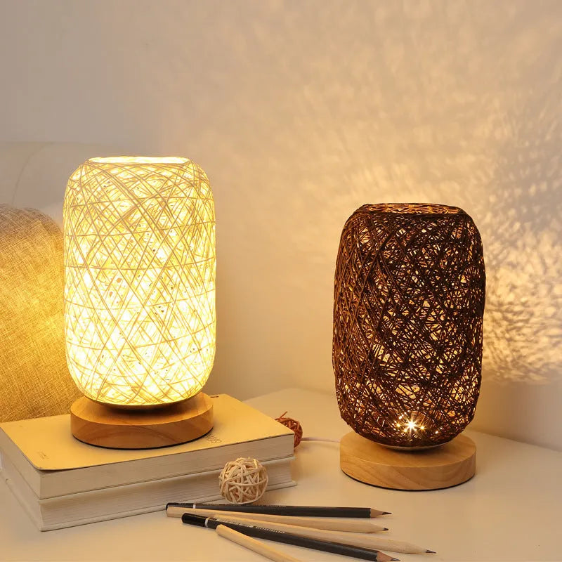 Brown hemp rope Sepak Takraw desk lamp on wooden base with woven sphere design