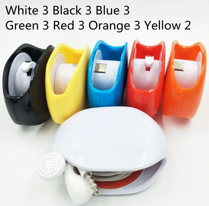 Automatic earphone cable winder retractor in assorted colours on a white background.