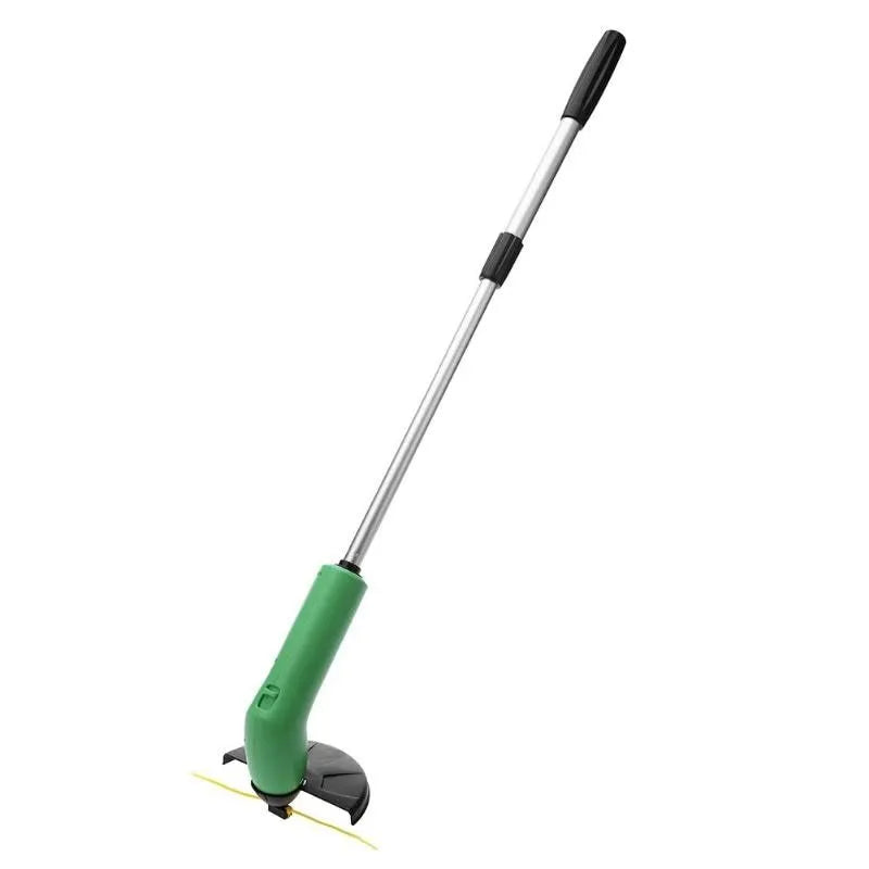 Cordless Zip Trim lawn trimmer with extension pole and protective shield on garden grass