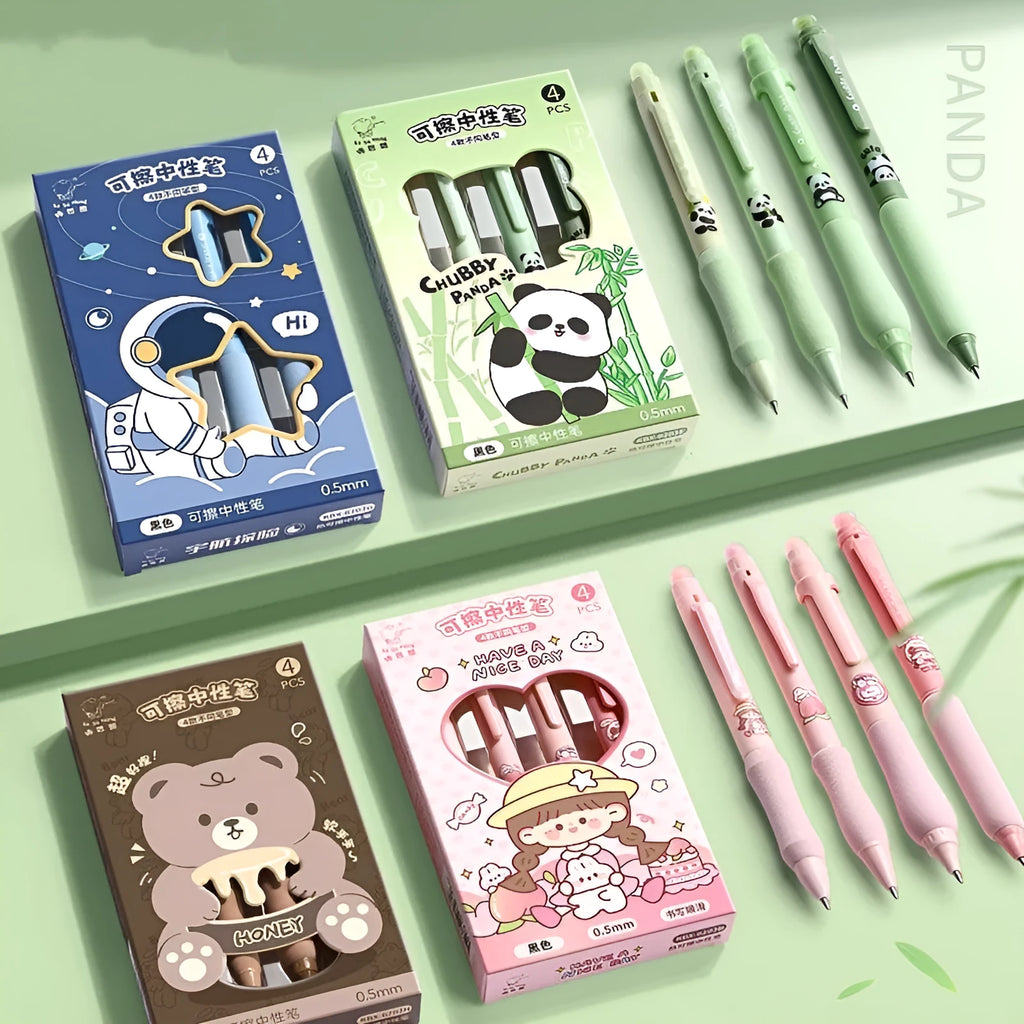 Erasable gel pen with 0.5mm tip, press mechanism and cartoon character designs
