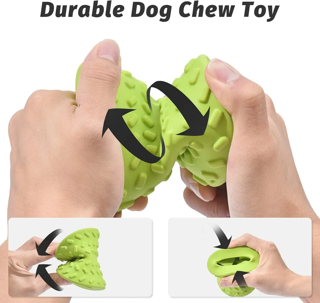Blue durable rubber dog chew bone toy with hollow treat-dispensing centre and leakage holes.