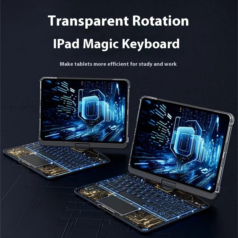 Transparent rotating keyboard case for iPad with wireless Bluetooth keyboard and protective sleeve