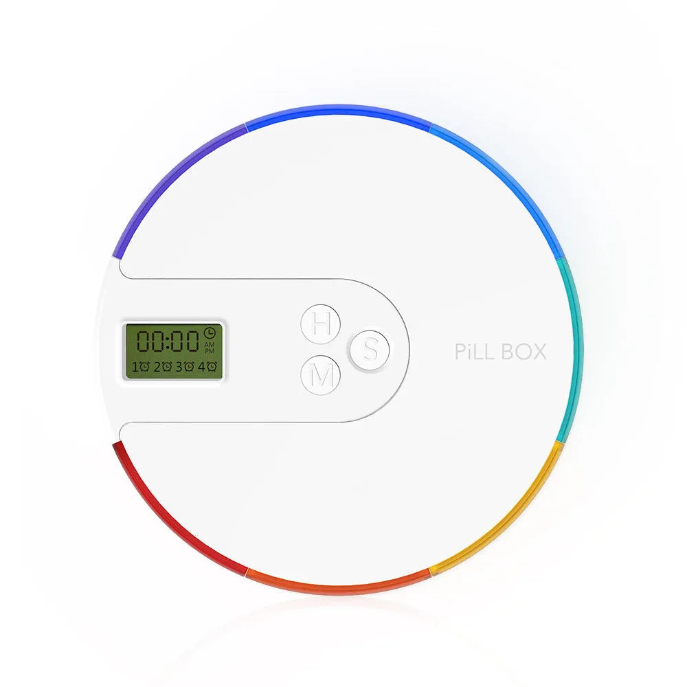 Blue 7-compartment alarm clock pill dispenser showing time display and medication slots