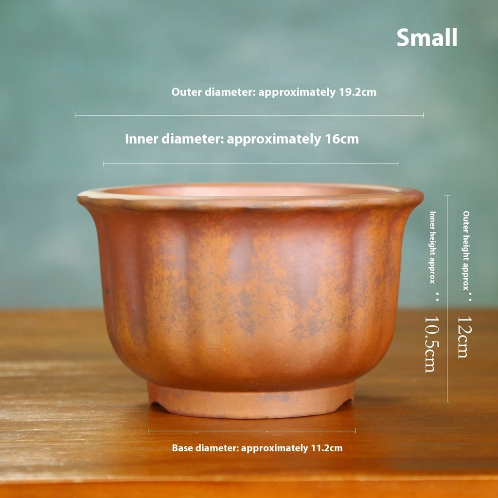 Antique carved purple sand ceramic flower pot with wood burning design, large bonsai basin size