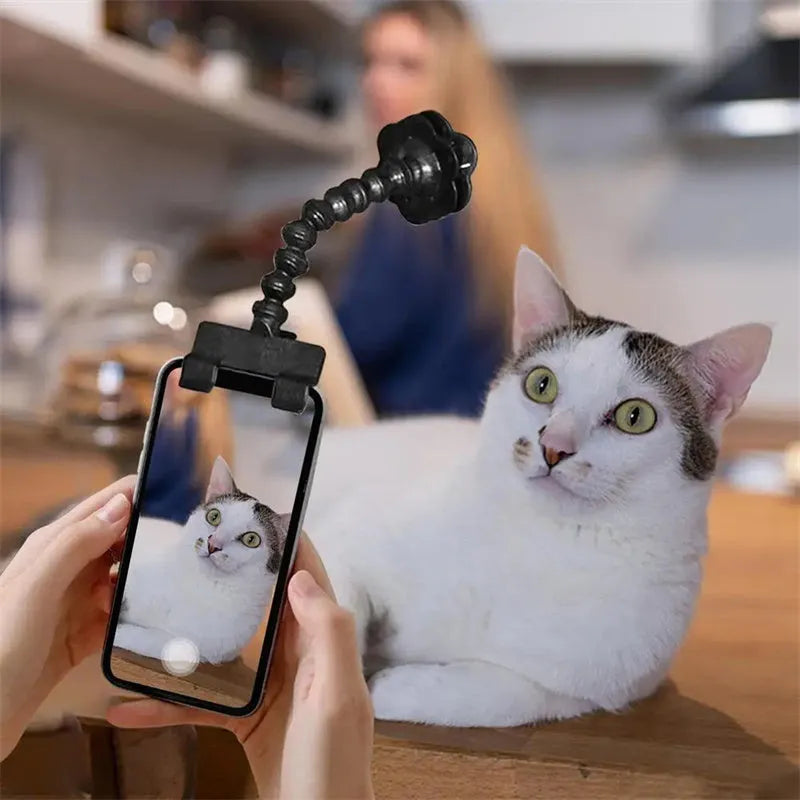 Black pet photography phone holder with treat clip for dog and cat photography sessions