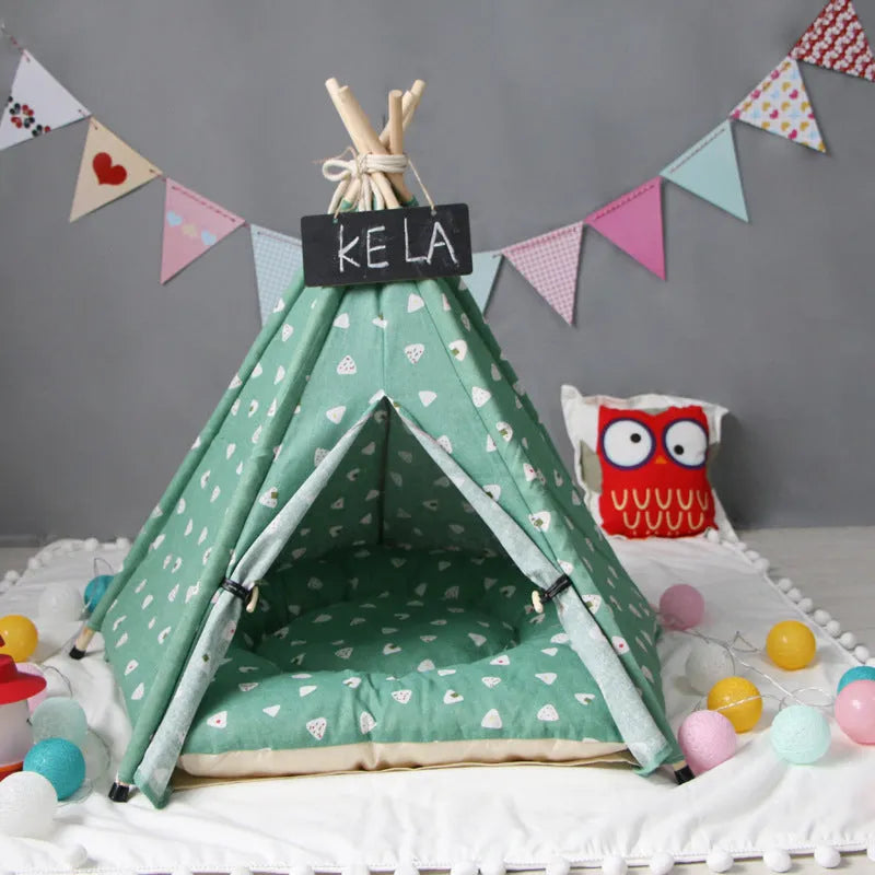 Green triangular cotton pet tent kennel for dogs and cats, wood stick splicing pet nest in S M L sizes