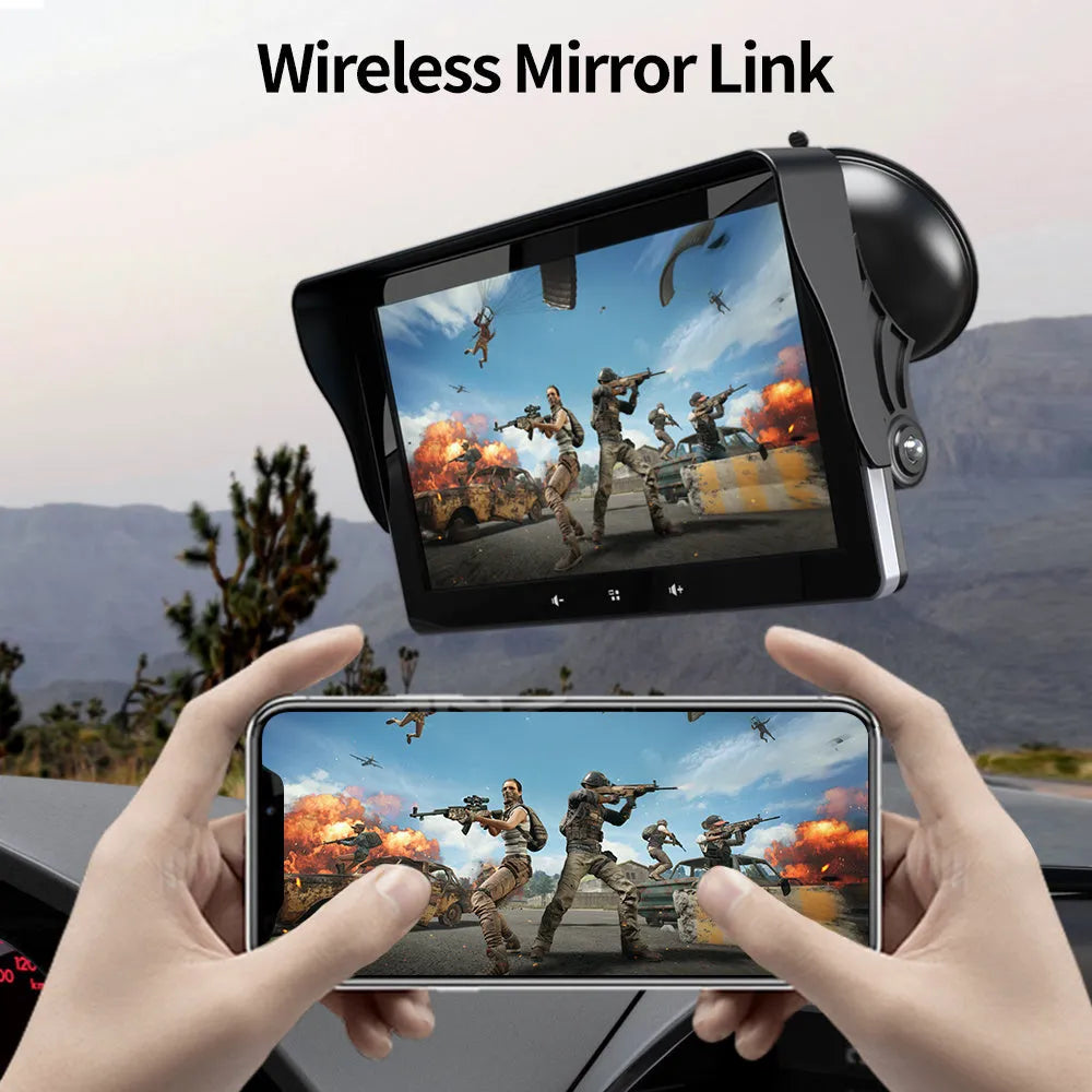 7-inch wireless CarPlay car display with suction cup mount and cigarette lighter connection
