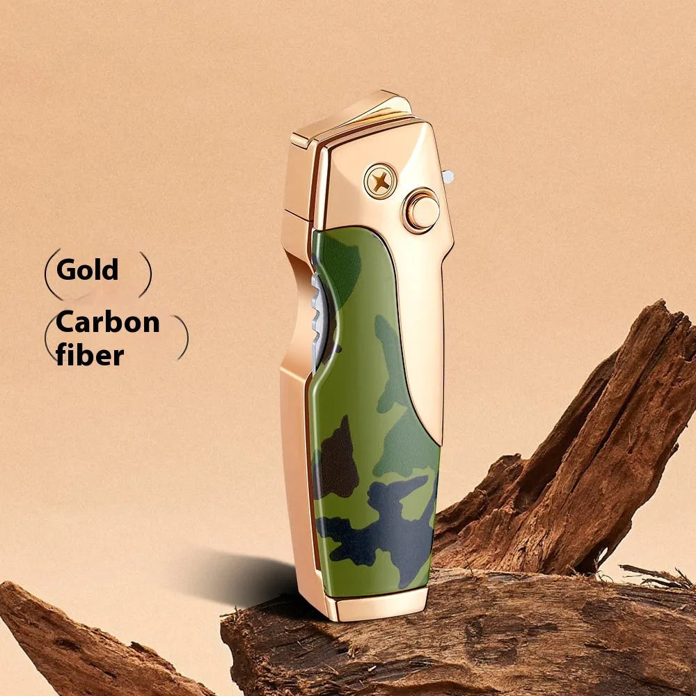 Zinc alloy metal folding lighter tool with jet flame and knife blade in a camouflage finish.