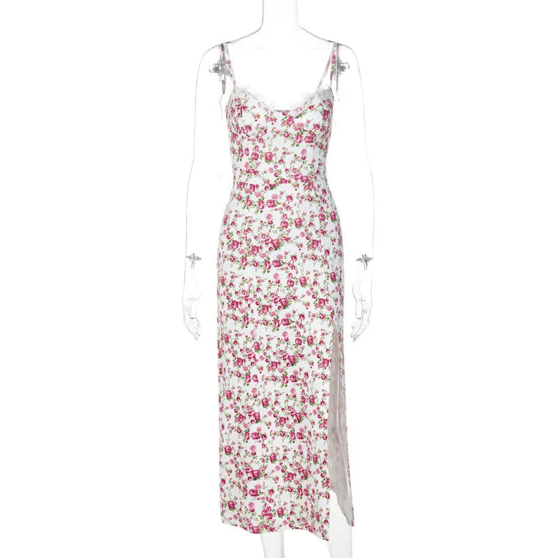 Women's lace print long dress with thigh slit and suspender straps in blue colour