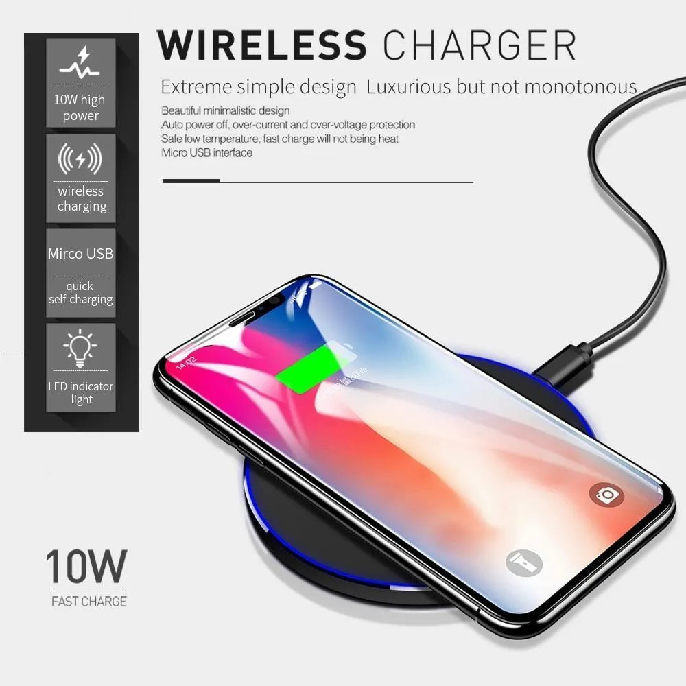 Ultra-thin black wireless charging pad with QI fast charge capability measuring 98x98mm