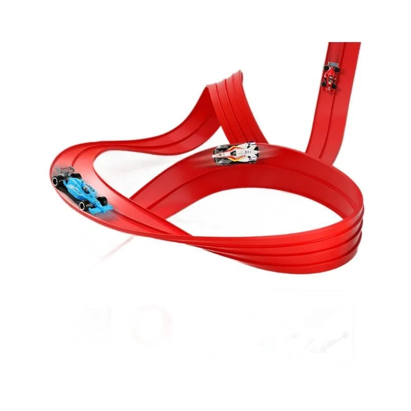 DIY assembled plastic inertia rail car toy set with 4m or 5m red or blue track in a colour box