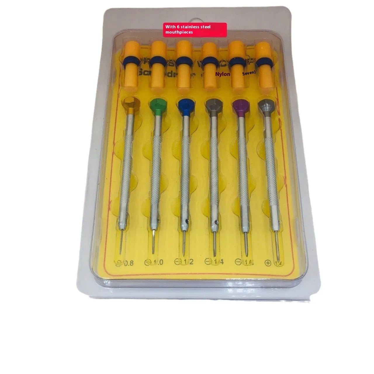 Six colour-coded aluminium screwdrivers with copper handles for watch repair and metre repair tool