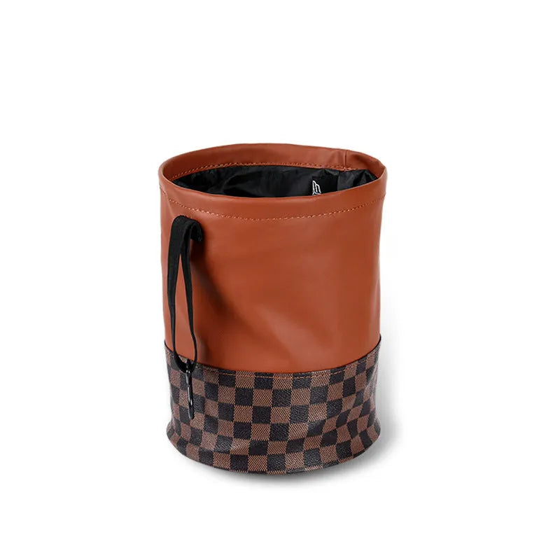 Retractable leather car trash can shown in folded and open states with handle.
