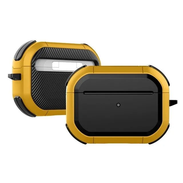 Black TPU and PC protective shell case for Apple AirPods 1, 2 and Pro models on a white background.