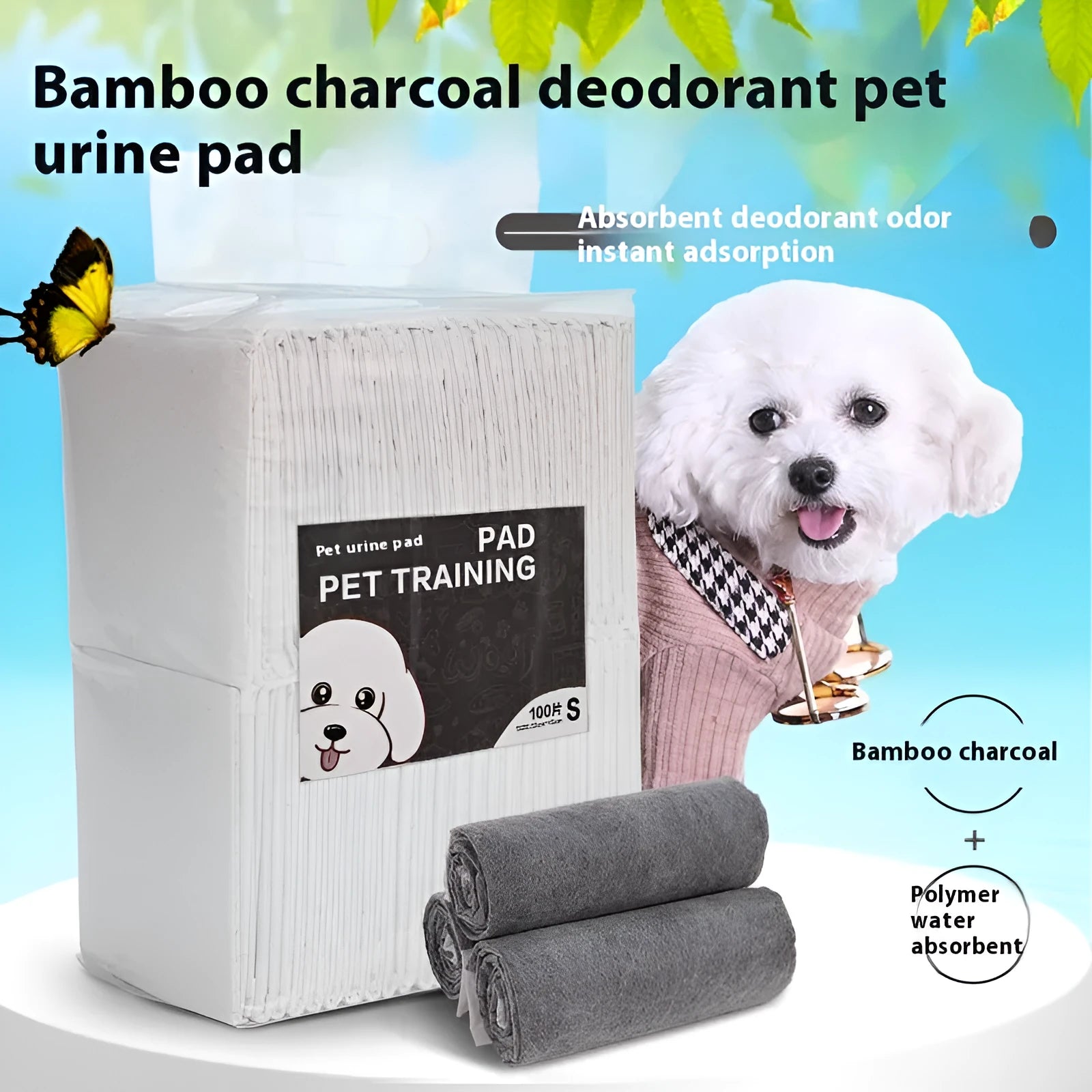Pack of white pet urinal pads with blue trim showing size dimensions and model type.