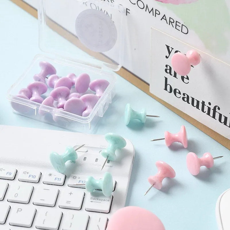Macaron coloured plastic push pins in cherry blossom pink, mint green and lavender, small and large sizes