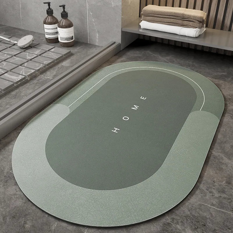 Blended fabric bathroom floor mat in blue colour, rectangular shape, on a tiled floor.