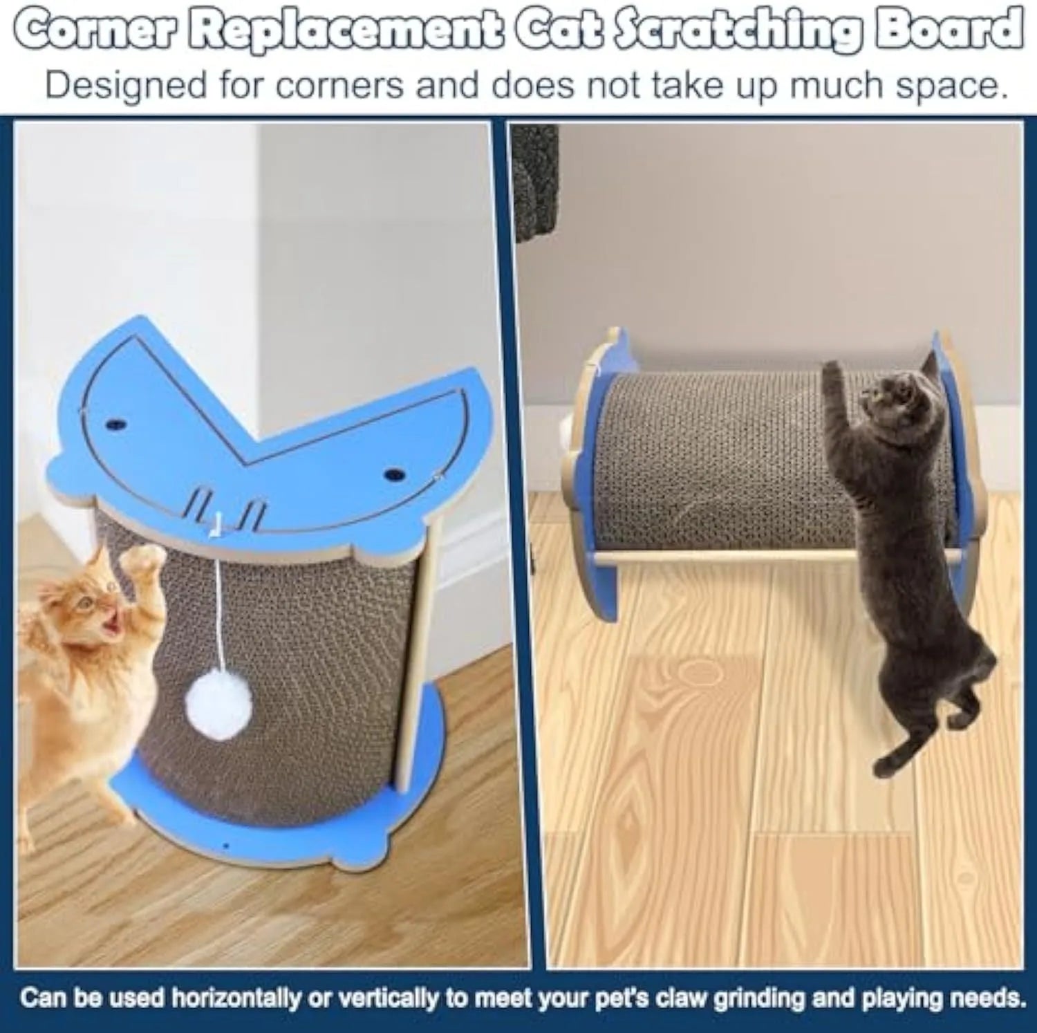 Grey cardboard cat corner scratcher with hanging ball against a wall