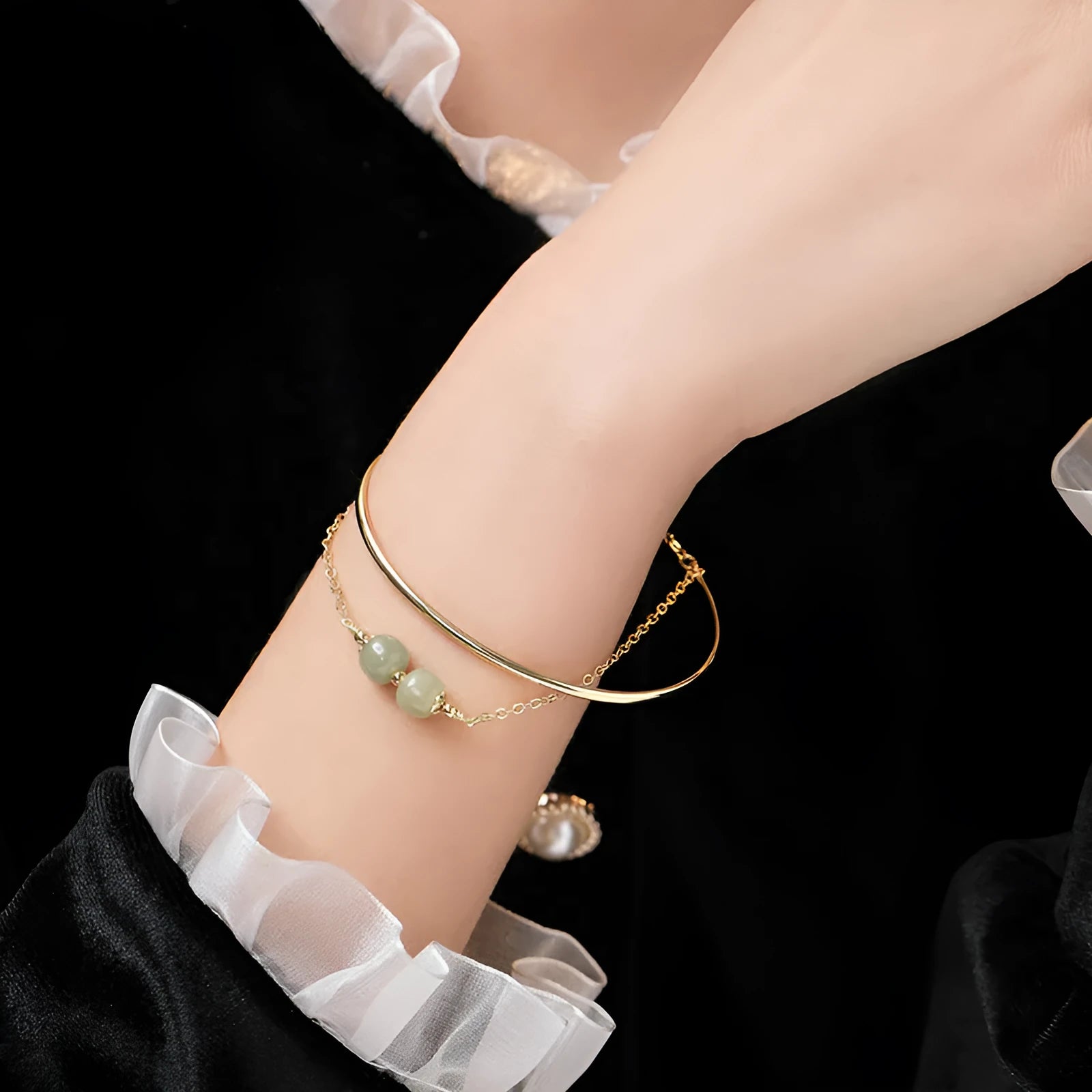 Hetian jade lucky beads bracelet for women with gold inlay, shown in single, double and three bead versions.