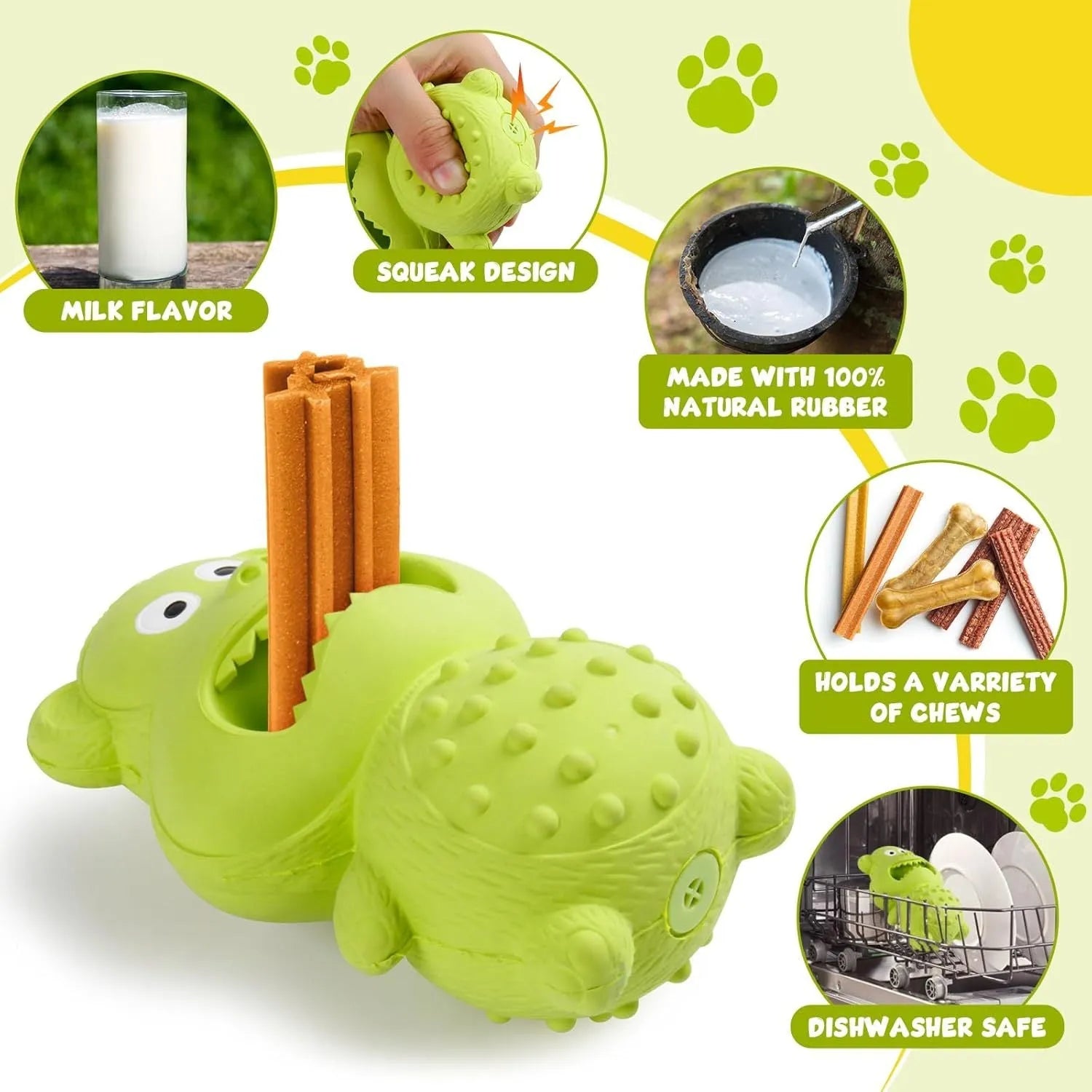 Green natural rubber dog chew toy for aggressive chewers with treat-filling hole