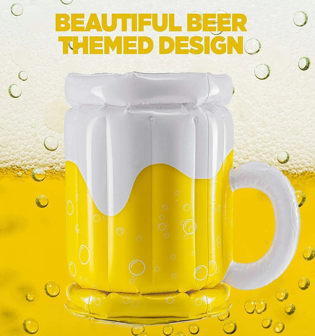 Yellow inflatable beer mug cooler pool float, 44cm x 32cm PVC drink holder for parties