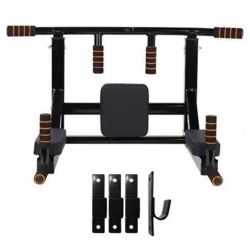 Black wall-mounted fitness equipment with sandbag rack and integrated parallel pull-up bars