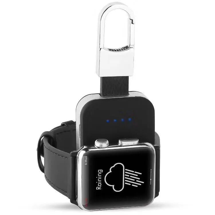 Black portable Apple Watch wireless charger and power bank with keychain loop