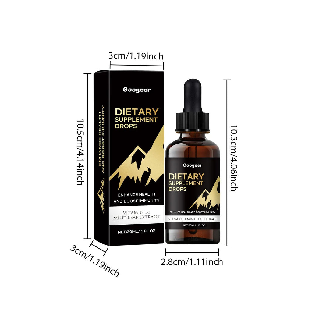 30ml glass bottle of vitamin D3 and K2 dietary supplement drops with a black dropper.