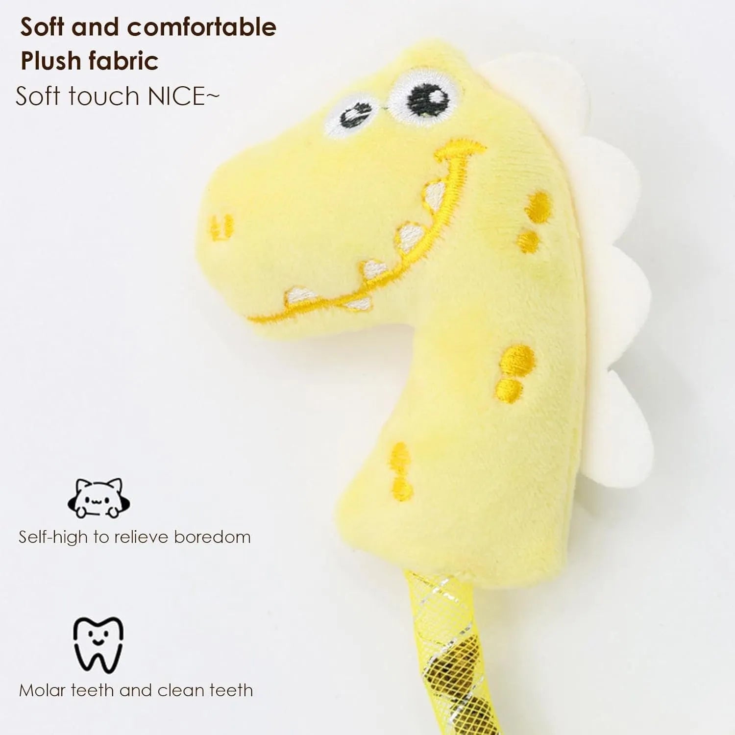 Four-piece cat toy bundle showing chew toy, plush mouse, fish, and bunny in pink, purple, and yellow colours.