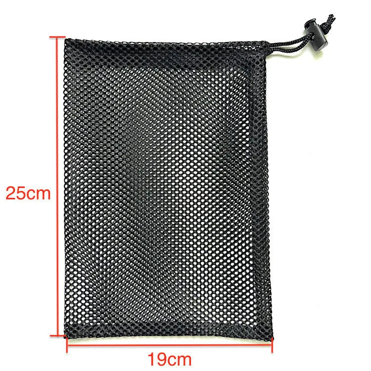 Black drawstring mesh storage bag for children's toys, shown in three sizes on a white background.