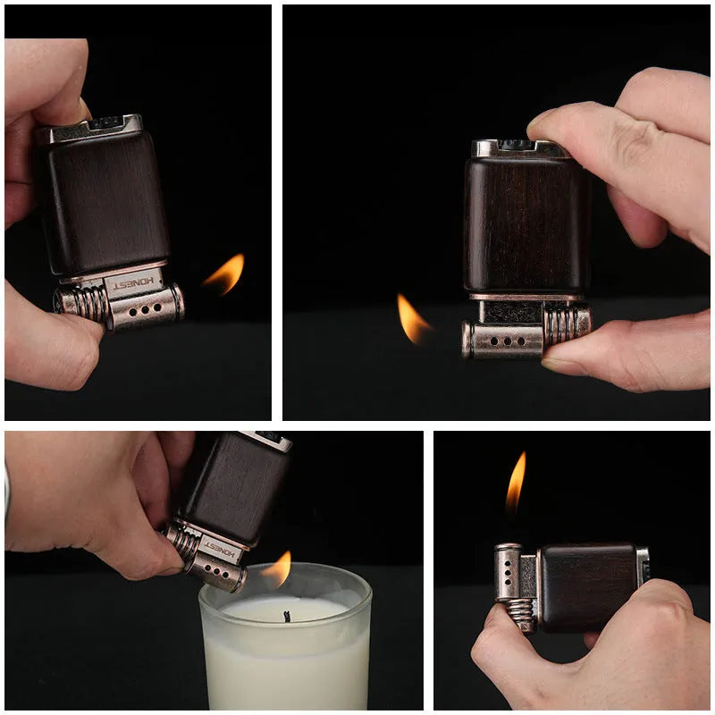 Ebony gas lighter showing four wooden design variations: Black Wood, Rosewood Sun Surface, Rosewood Good Luck and Red Wood Tube