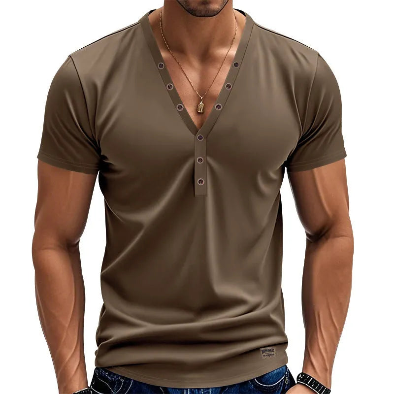 Men's loose V-neck casual shirt with button detail in chemical fibre blend fabric