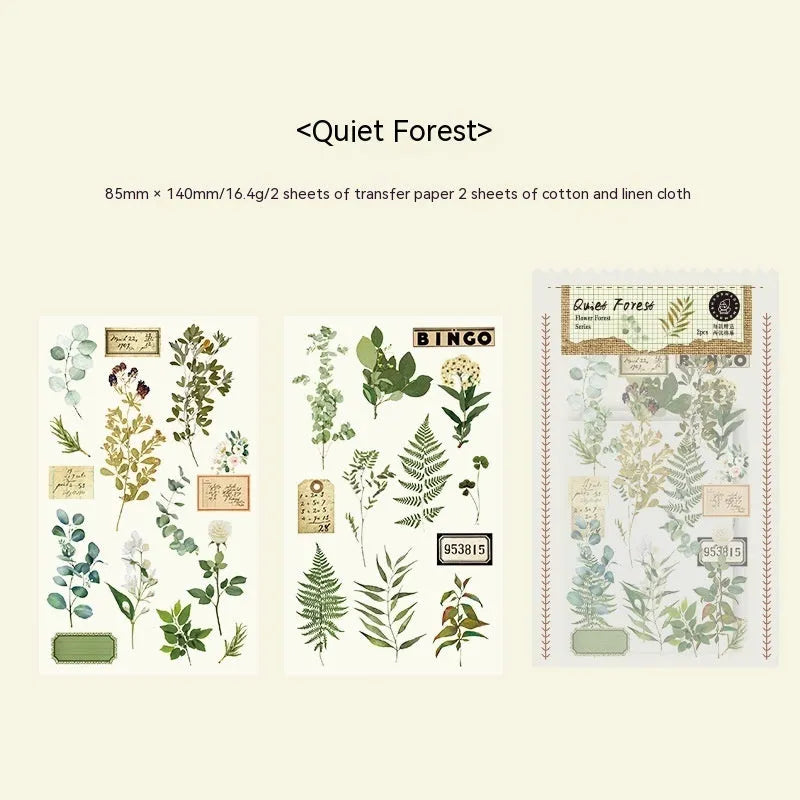 Huazhisen forest art deco sticker pack showing six 85x180mm designs with transfer paper and cotton linen sheets